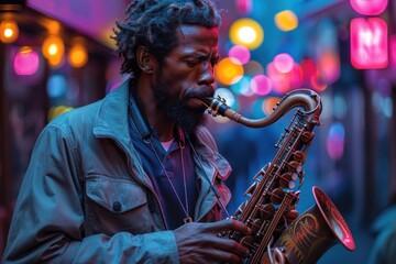African American man playing the saxophone at night in the city lights