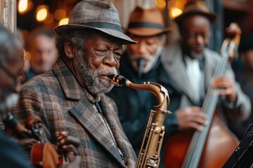 Senior African American man playing the saxophone in a jazz band with a blurred background - Powered by Adobe