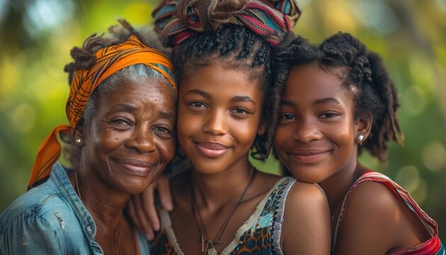 Three generations of beautiful black women smiling together in a heartwarming family portrait