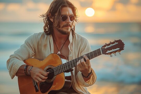 Young male musician playing acoustic guitar on the beach at sunset
