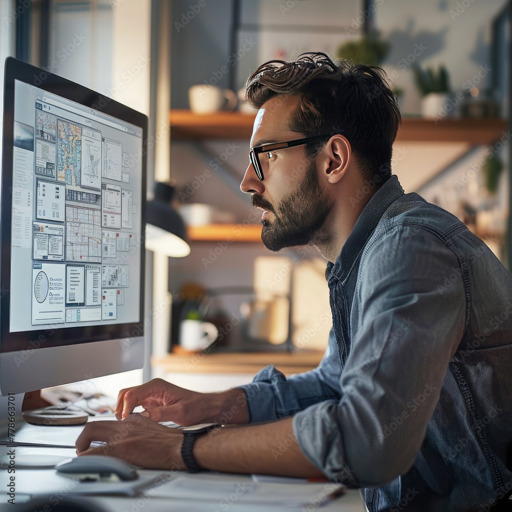 Poster An employee working on a design project using specialized software on a computer. Job