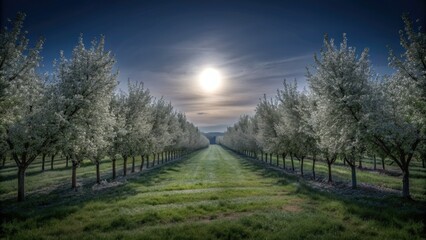 Beautiful blooming apple orchard on a sunny spring day.