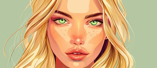 A close up of a woman with blonde hair and green eyes, showing her nose, cheek, chin, hairstyle, eyebrow, eyelash, mouth, jaw, iris. Her facial expression and gestures are captivating - obrazy, fototapety, plakaty