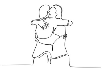 Continuous line drawings of cheerful friends embracing each other. Two young guys hugging each other. Feel happy friends meet with hugs isolated on white background. hugging. embracing. Vector