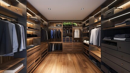 contemporary walk-in closet design where open shelving seamlessly integrates with hanging racks, providing a perfect blend of accessibility and aesthetics.