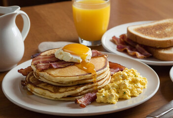 breakfast with pancakes eggs and bacon
