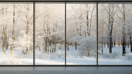 modern residential window with snow and trees