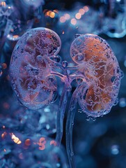 Kidneys adorned with mechanical filters surrounded by flowing water texture