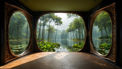 landscape of foggy morning with lotus pond in the garden