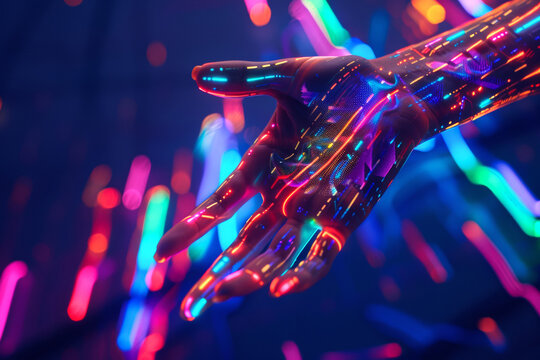Artificial human hand with neon lights on dark background, virtual guide, augmented reality friend, closeup