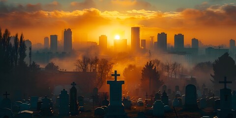 Dramatic Cityscape Framed by Solemn Cemetery at Sunset A Contemplation on Mortality and Progress