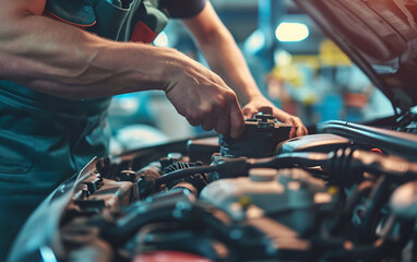 Closeup image of mechanic repairs car in car workshop. Car maintenance and auto service garage concept.