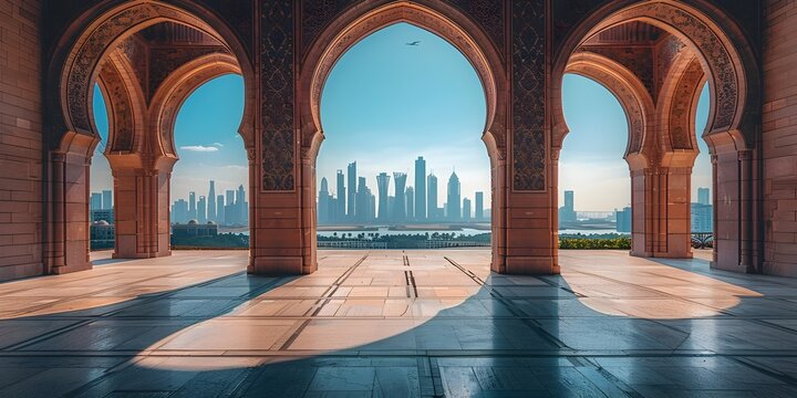 Blending Modernity and Tradition Historical Archways Framing a Captivating Cityscape