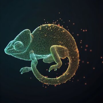 Chameleon in linear and particle form with dark background.with Generative AI technology	