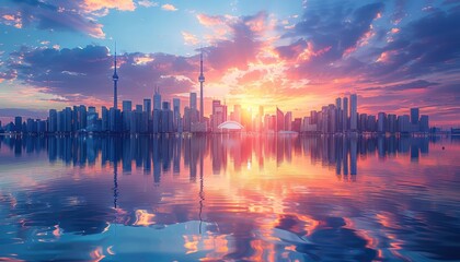 Urban Sunset Reflections, City skyline reflecting in calm waters during sunset, capturing the juxtaposition of nature and urban life