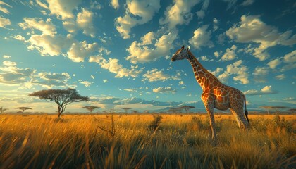 Savannah Wildlife Safari, Iconic African wildlife roaming the savannah plains against a backdrop of acacia trees and dramatic skies