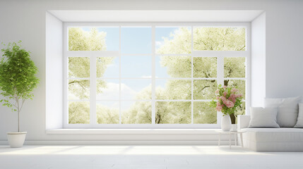 stylish empty room in white color with summer landscape