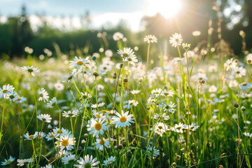Naklejka premium Beautiful spring meadow with daisies and wild flowers in the grass