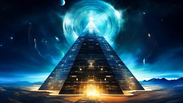 Pyramid surrounded by planets in the night. Esoteric, ancient wisdom and astrology concept animation.
