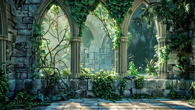 Beautiful ancient stone arches with ivy and vines