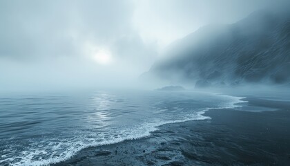 Fototapeta premium Coastal Foggy Morning, Misty shores and fog rolling in from the sea, creating an ethereal and mysterious atmosphere