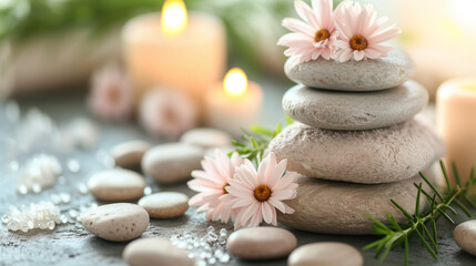 Zen spa concept with balanced stones, candles, and daisies for tranquility and wellness.