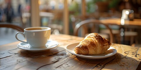 Cozy French Bistro Table with Coffee and Croissant Evoking the Charm of Parisian Mornings
