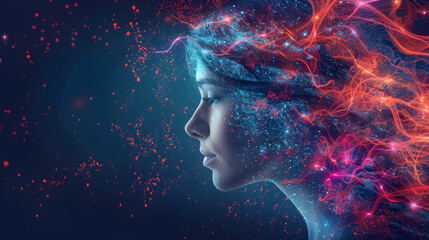 Image featuring a woman with degenerative disease logo surrounded by mental health, stroke, synapses, and neurons interaction art, used for international parkinson's awareness month concept