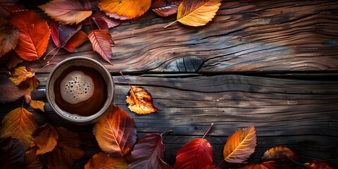 Autumn Leaves and a Comforting Cup of Coffee on a Rustic Wooden Table Capturing the Warmth and...