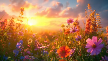 Wildflower Meadow at Sunset, Vibrant wildflowers glowing in the golden light of the setting sun, evoking feelings of peace and serenity