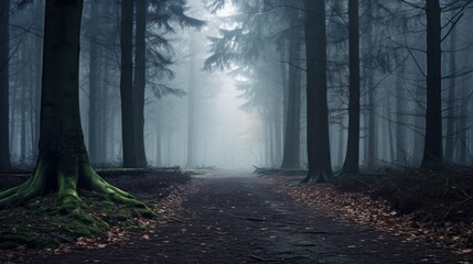 Fototapeta premium A foggy forest with a narrow trail and a wooden fence, inviting the viewer to explore