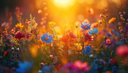 Wildflower Meadow at Sunset, Vibrant wildflowers glowing in the golden light of the setting sun, evoking feelings of peace and serenity