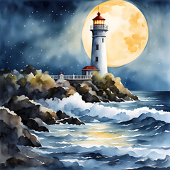 The moon shining in the dark night sky and the lighthouse lit on the cliffs - obrazy, fototapety, plakaty