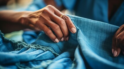 a woman's hand sewing a piece of blue fabric  - obrazy, fototapety, plakaty