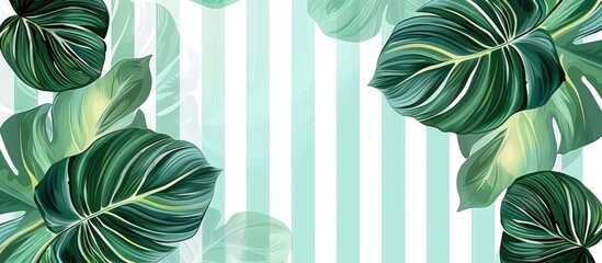 A seamless pattern with tropical leaves on a striped background, inspired by terrestrial plant organisms. The green hues create a textile design perfect for window treatments or sleeve accents - obrazy, fototapety, plakaty