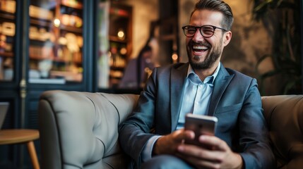 Businessman laugh holding smartphone sit on sofa at cafe coffee shop male Caucasian with beard