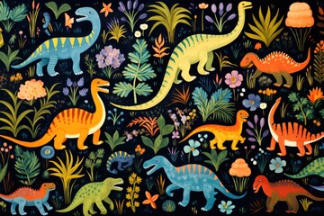 Dinosaurs, A playful pattern of dinosaurs in a prehistoric setting, AI generated