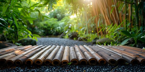 Tranquil Bamboo Table in Serene Zen Garden Providing Natural Backdrop for Wellness Products with...