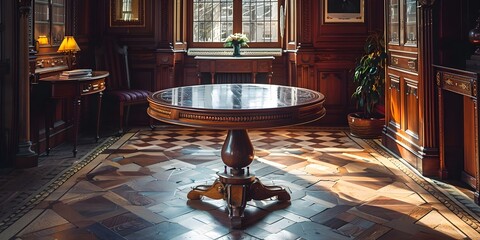 Ornate Pedestal Table in Majestic Historic Mansion Exuding Refined Elegance and Aristocratic Heritage
