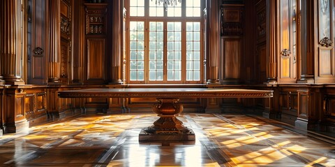 Elegant Pedestal Table in Opulent Historic Mansion Interior with Lavish Wood Paneling and Geometric Floor Patterns for Heritage Products - obrazy, fototapety, plakaty