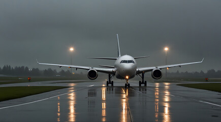 Front view of a passenger plane taking off from the airport runway at bad weather, landing
