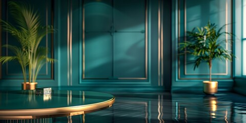 Luxurious Lacquered Art Deco Table Backdrop with Reflective Surface and Elegant Foliage for Showcasing Luxury Goods