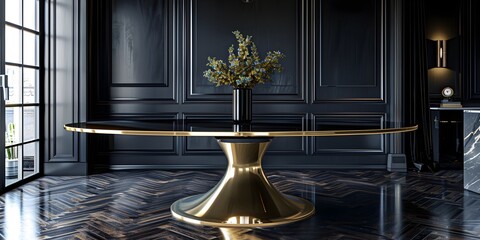 Lacquered Luxury Furniture Showcased in Elegant Art Deco Inspired Interior with Reflective Surfaces and Dramatic Lighting