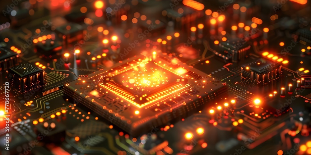 Poster quantum computing chips emitting radiant lights representing the leap into next processing power and
