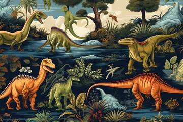 Dinosaurs, A playful pattern of dinosaurs in a prehistoric setting, AI generated