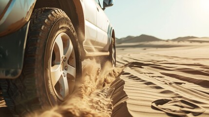 SUV wheel in desert sand with motion