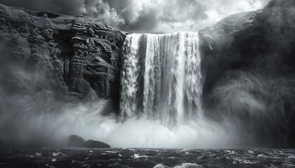 Thundering Waterfall, A powerful waterfall surrounded by mist and spray, conveying the energy and force of nature's wonders - obrazy, fototapety, plakaty