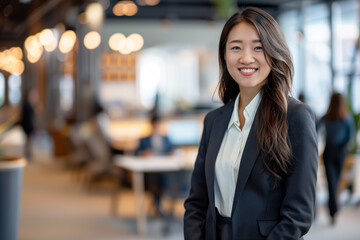 Obraz premium Portrait of an Asian young businesswoman in a blazer stands confidently in a modern office with natural beauty and a soft smile.