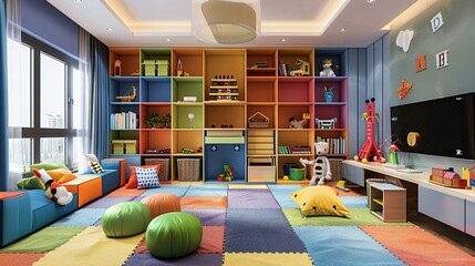 a children's playroom with vibrant colors, interactive features, and creative storage solutions.