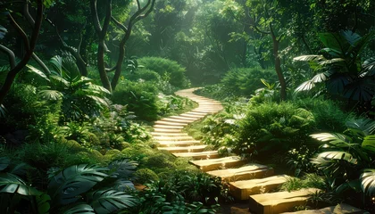 Tuinposter Enchanted Forest Path, A winding path through a dense forest canopy, inviting viewers on a journey of exploration and discovery © Tangtong